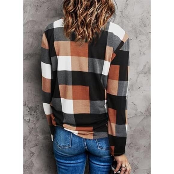 Women's Basic Casual V-Neck Plaid Print Cotton Cuffed Long Sleeve Work Blouse - Picture 2 of 7